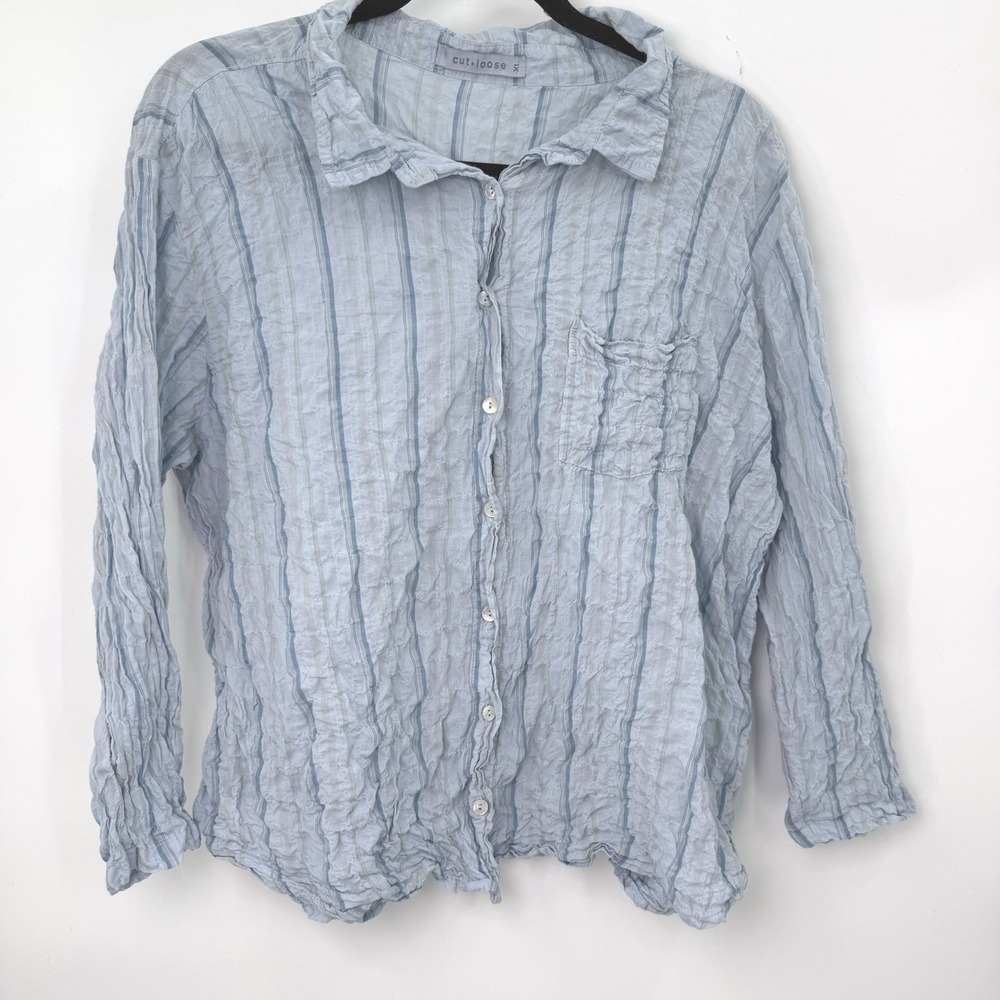Cut Loose Button Down Shirt Women XL Blue Stripe Textured Lagenlook Cottage Boho